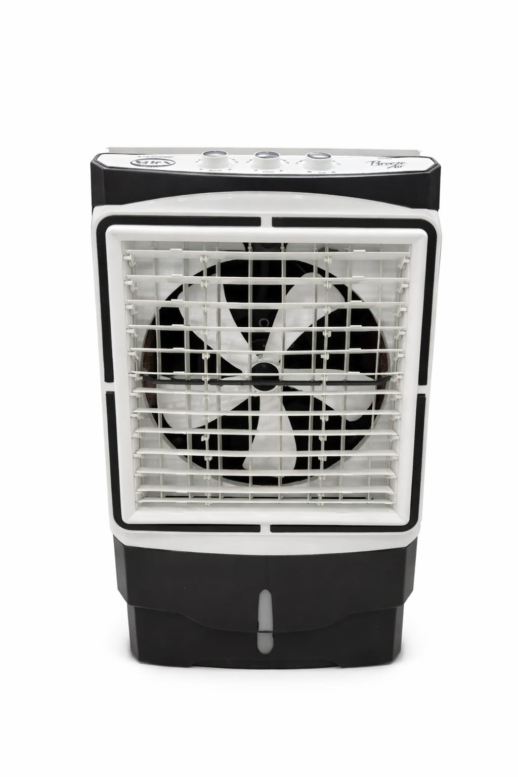 The SAC-12000-S 01 is a black and white box fan featuring a front protective grille and top control buttons, photographed against a white background.