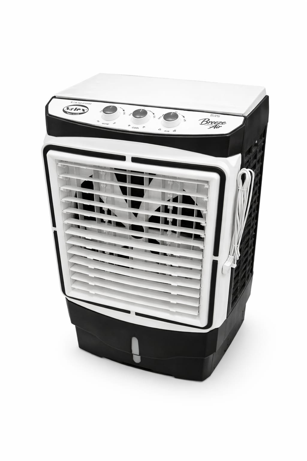 The SAC-12000-S 02 is a black and white portable air cooler with top control knobs, a front grille, and a bottom water level indicator, shown on a white background.