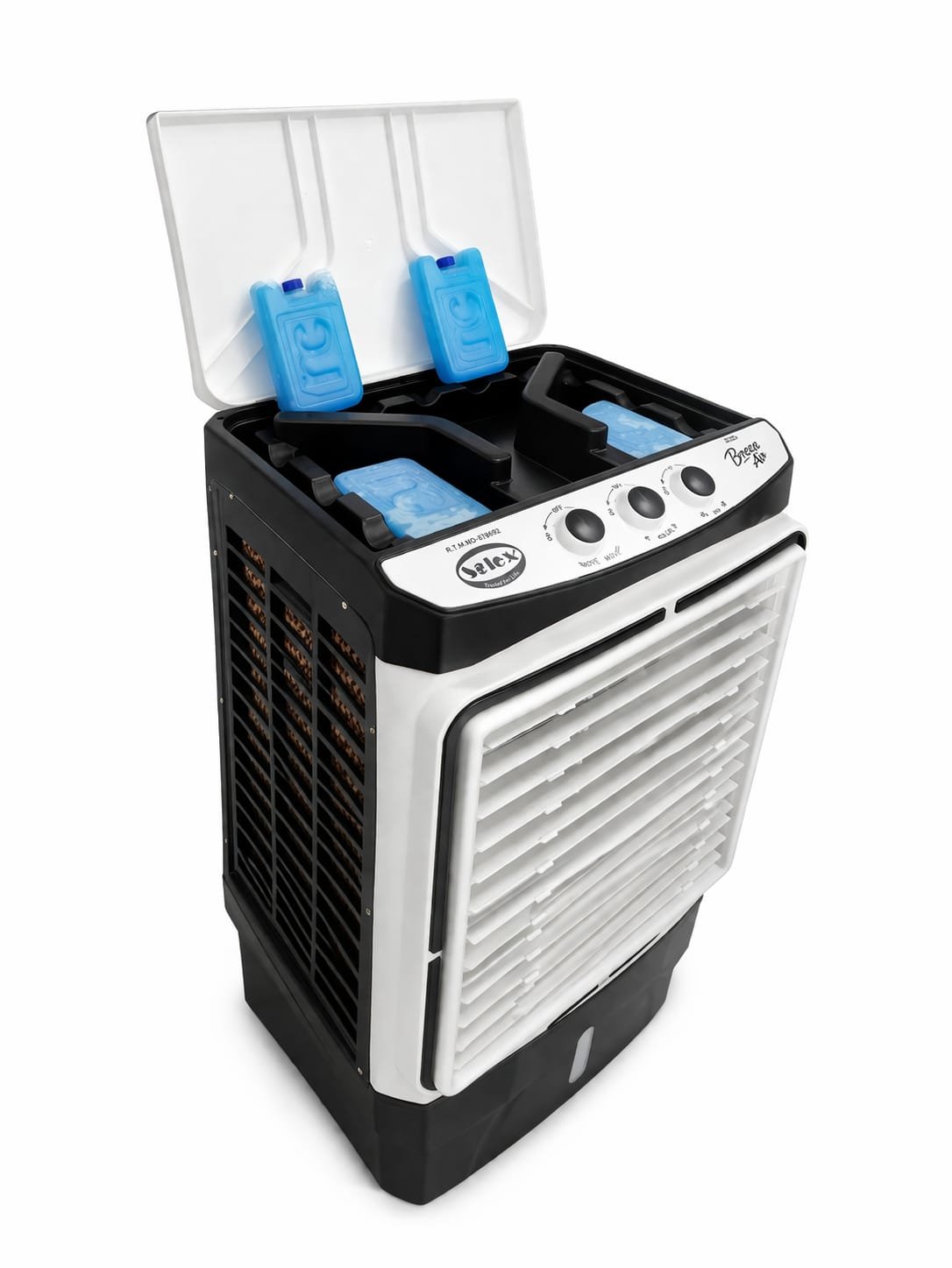 A black and white SAC-12000-S 03 cooler with its lid open reveals three blue ice packs inside. Control knobs and an airflow vent are visible on the front.