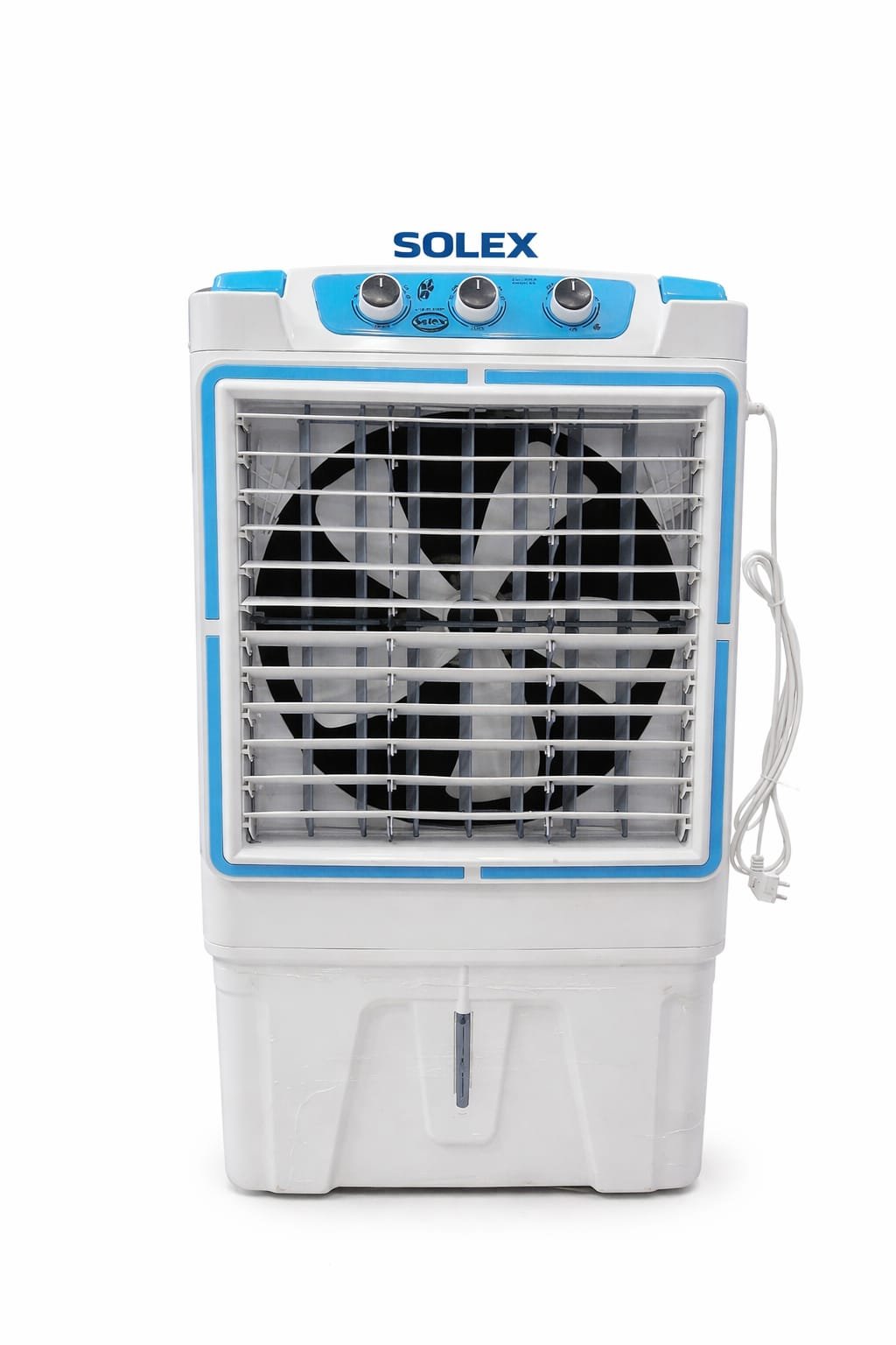 The SAC-13000-M 01 air cooler, featuring a white body with blue accents, three top control knobs, a visible front fan, and a power lead on the side, stands against a plain white background.
