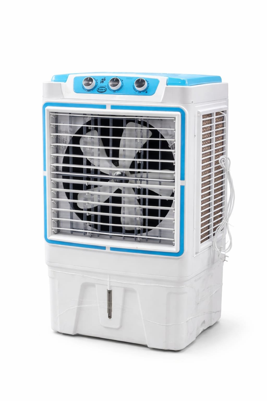 The SAC-13000-M 02 is a white and blue air cooler with top control knobs, a large front fan behind a protective grille, and side vents, set against a white background.