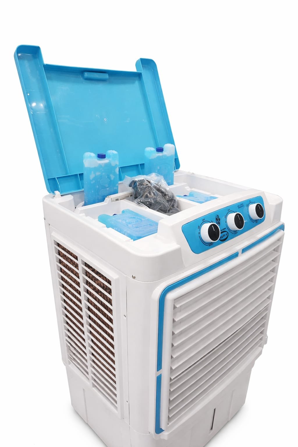 The SAC-13000-M 03 is a white and blue air cooler with an open top lid showing two ice packs and a water compartment inside. Control knobs and air vents are on the front, and cooling pads are fitted on the sides.