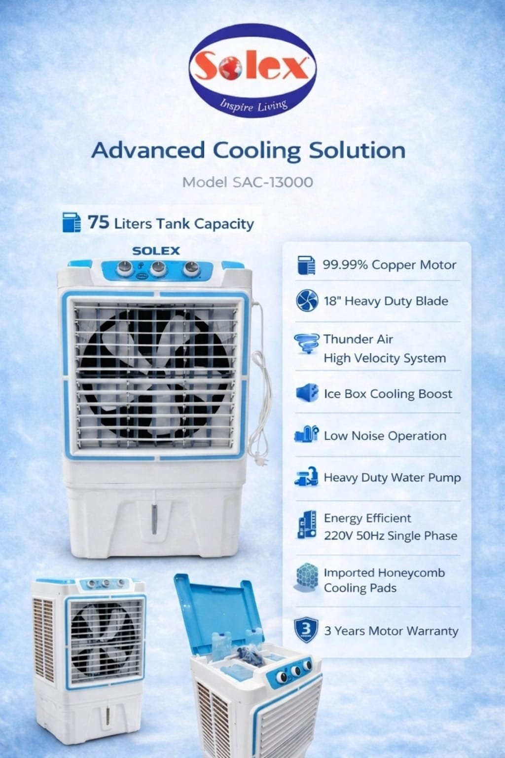Promotional image for the SAC-13000-M 04 Advanced Cooling Solution, highlighting its large air cooler with 75L tank, copper motor, heavy-duty blade, ice box, digital display, and a 3-year guarantee.