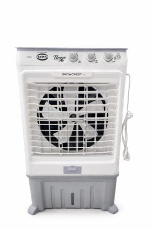 The SAC-14000-L 01 is a white and grey air cooler featuring top control knobs, a front grille over large fan blades, and a coiled power lead on the right side, shown against a plain white background.