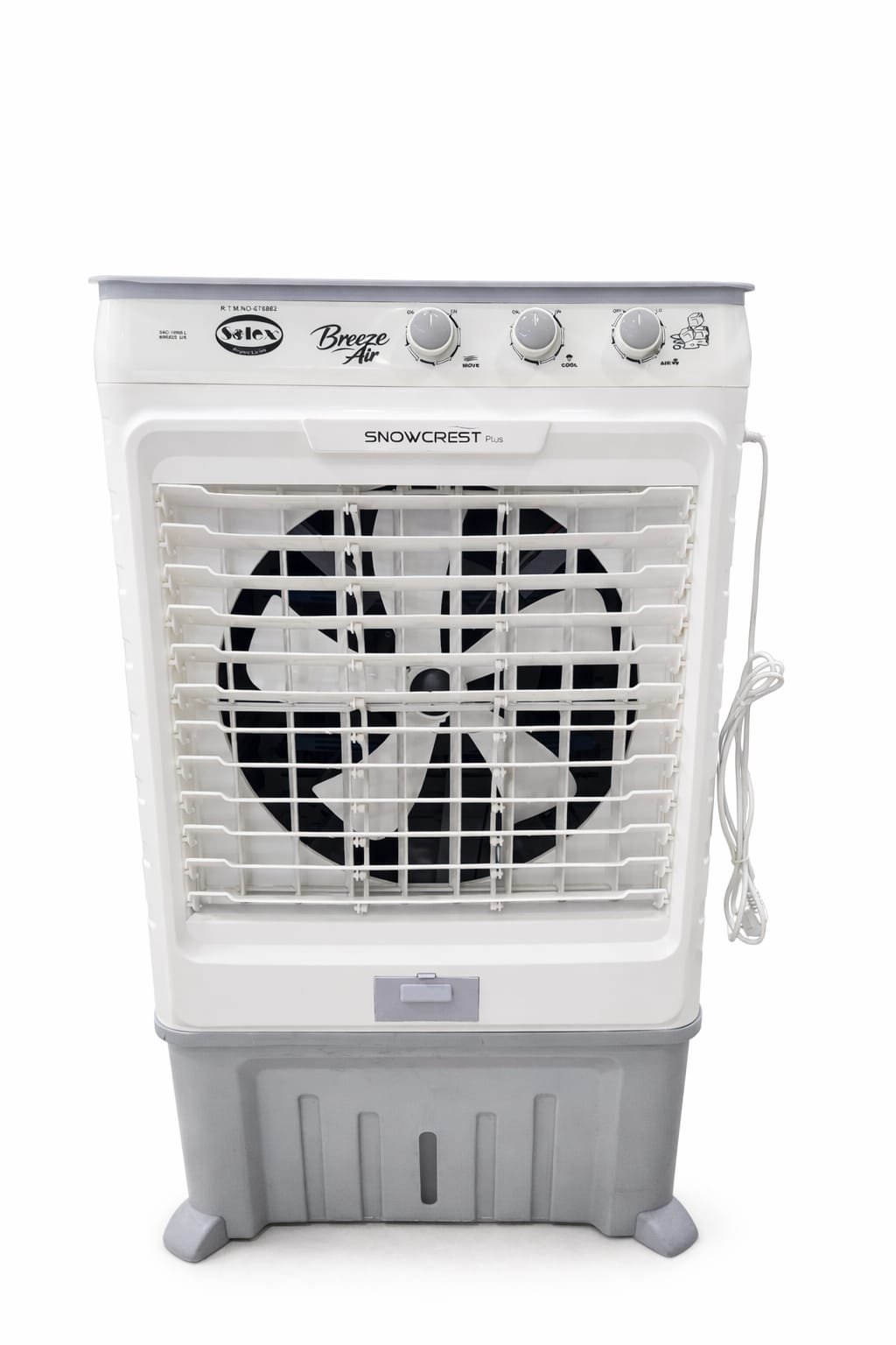 The SAC-14000-L 01 is a white and grey air cooler featuring top control knobs, a front grille over large fan blades, and a coiled power lead on the right side, shown against a plain white background.