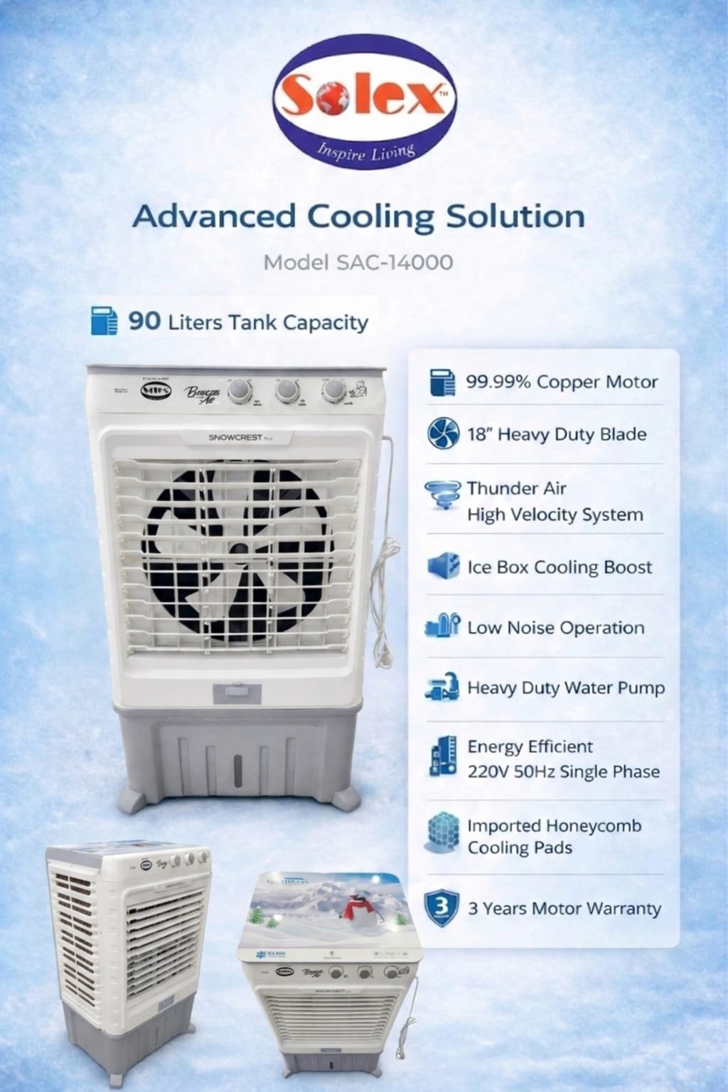 Promotional poster for the SAC-14000-L 04 air cooler, featuring a large white unit on a blue background, highlights include 90L tank, copper motor, honeycomb cooling pads, and 3-year guarantee.