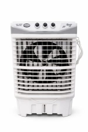 A white Solex SAC-15000-J 01 portable air cooler with a large black fan behind the front grille, three control knobs on top, and a power lead on the right side, is set against a plain white background.