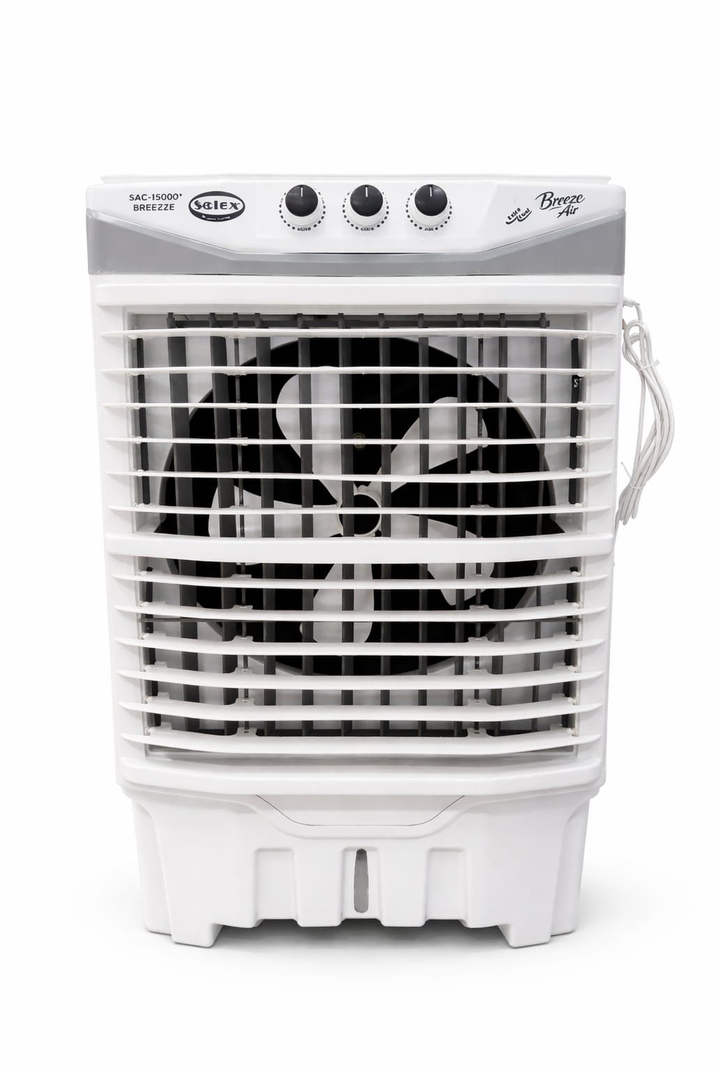 A white Solex SAC-15000-J 01 portable air cooler with a large black fan behind the front grille, three control knobs on top, and a power lead on the right side, is set against a plain white background.
