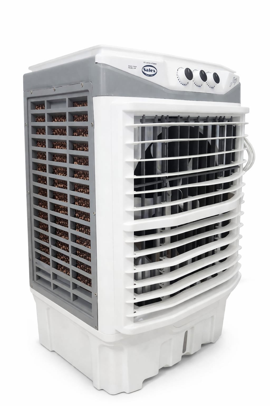 The SAC-15000-J 02 is a white and grey air cooler featuring top control knobs, a large front vent, and side cooling pads, shown against a plain white background.