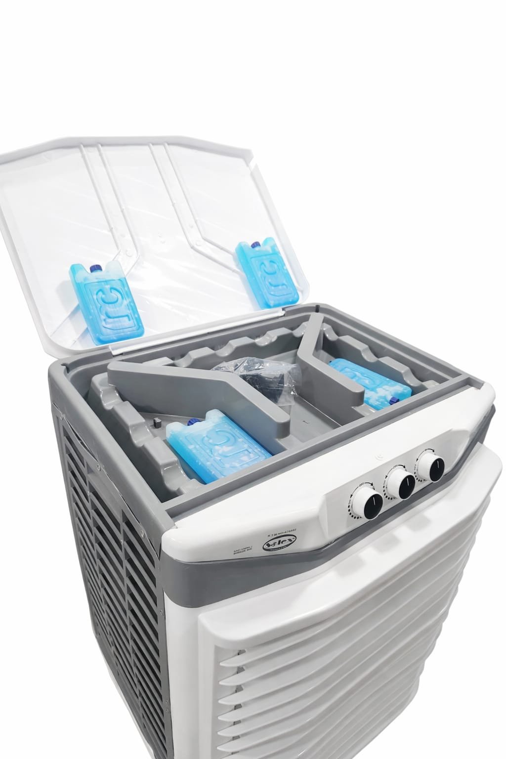 The SAC-15000-J 03 white air cooler is shown with its lid open, displaying blue ice packs inside. Three control knobs are visible on the front panel, set against a plain white background.