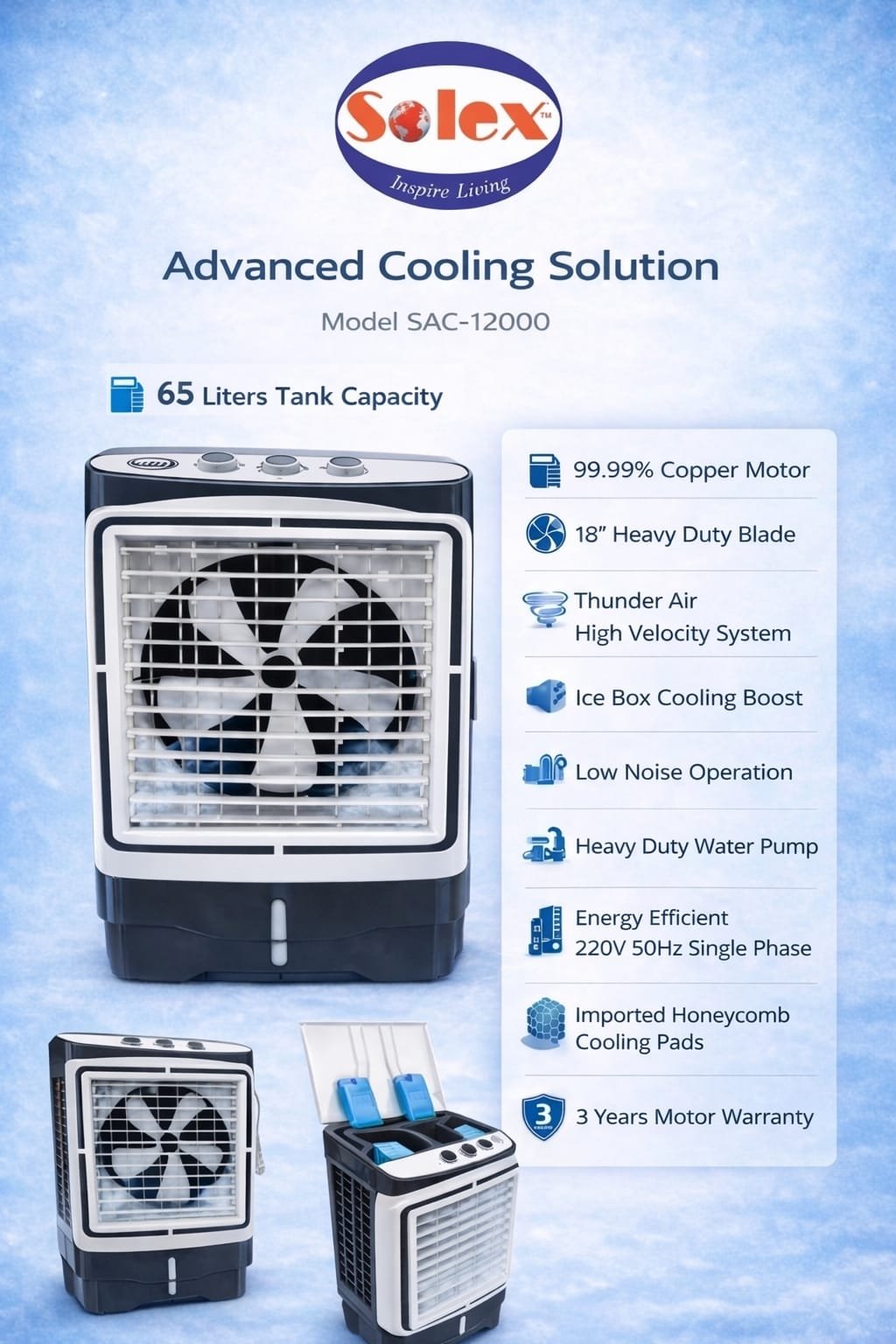 Promotional poster for the Solex SAC-12000-S 04 Advanced Cooling Solution, showing a large black and white cooler with tank capacity, copper motor, cooling pads, and key features detailed beside it.