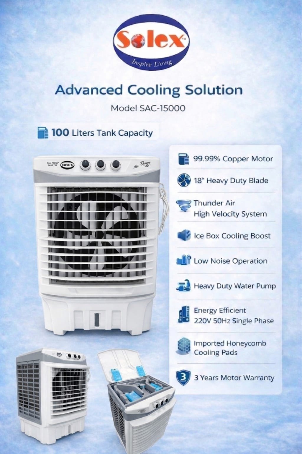 Promotional poster for the SAC-15000-J 04 Advanced Cooling Solution, showcasing a large white air cooler with blue accents. Key features, a 100L tank, and a 3-year guarantee are highlighted next to product images.